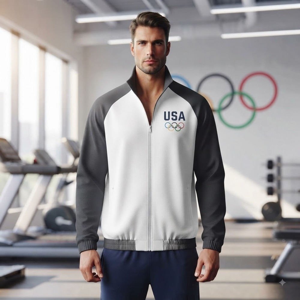 USOC USA Olympic Track Jacket Mens 3XL White Grey Full Zip Embroidered